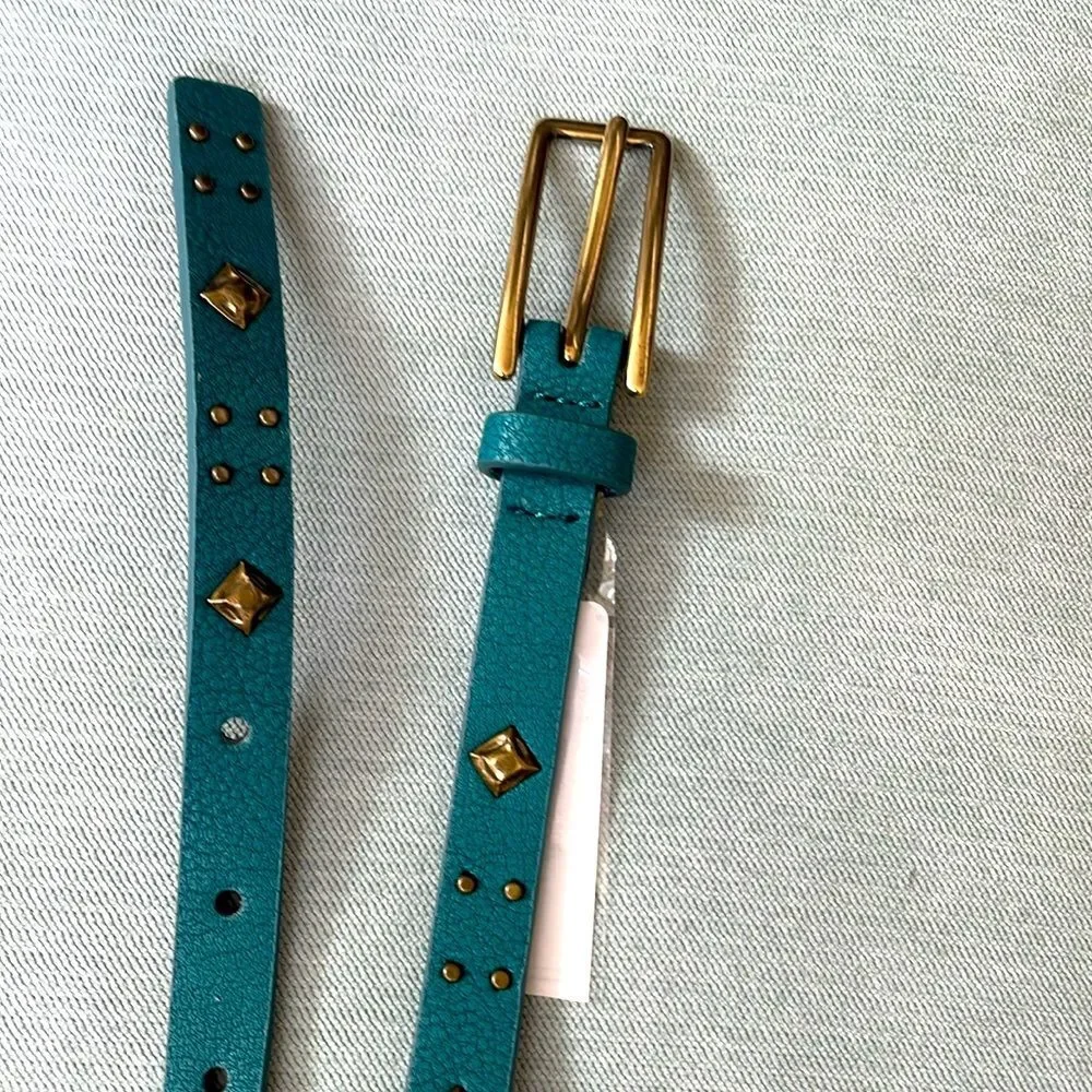 Nine West Women's Leather Belt Sz M Bronze Tone Buckle & Studded Teal Green NWT